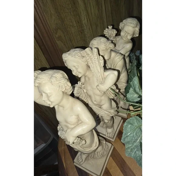 VTG Cherub Angel Statues Carved Sculptures Italy Set Of 4Signed